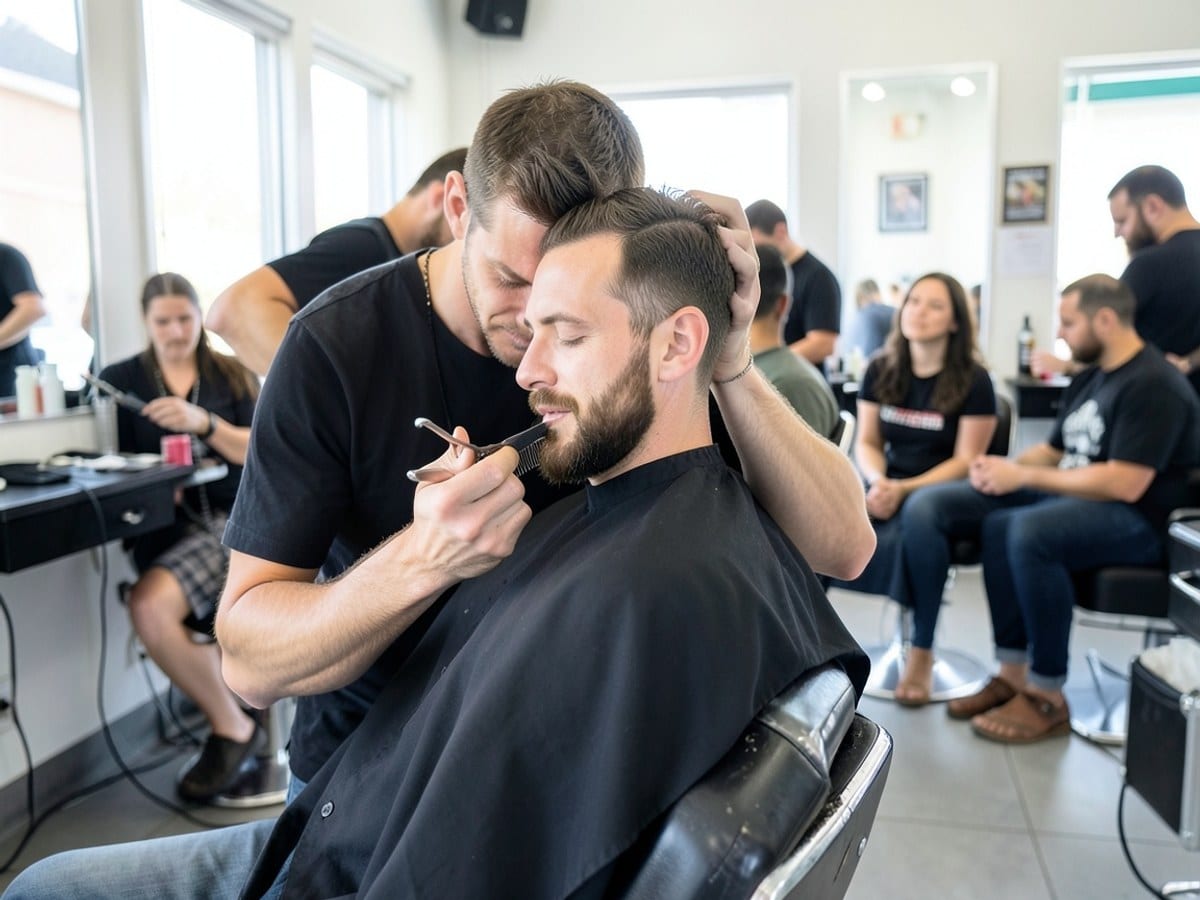 man receives a haircut in a barber chair, while the barber prepares to trim his beard and hair with scissors and a comb.