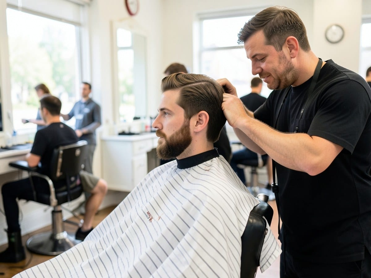 man receives a haircut in a barber chair, seated with a white and gray striped cape, while a barber cuts his brown hair and beard.