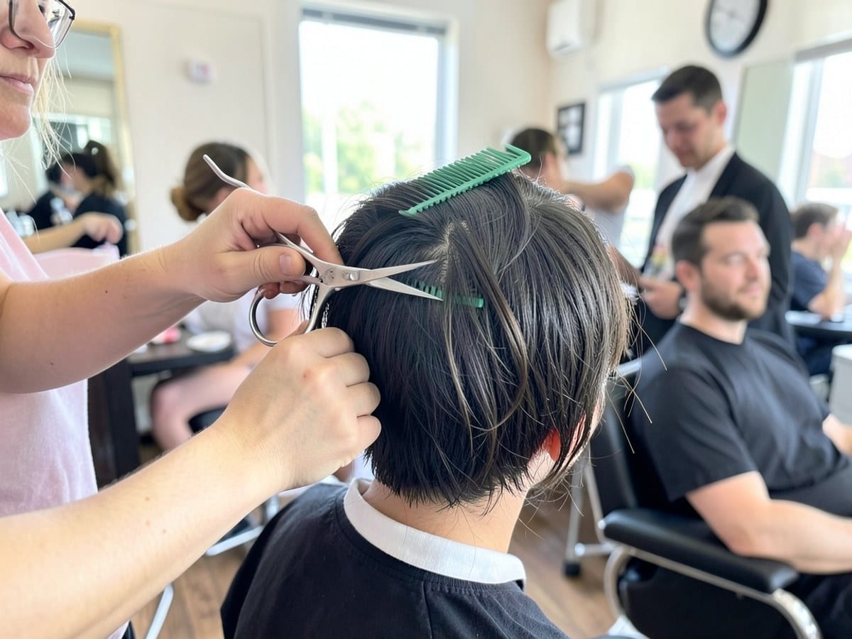 stylist uses silver scissors to cut hair while a green comb holds loose strands in the background.