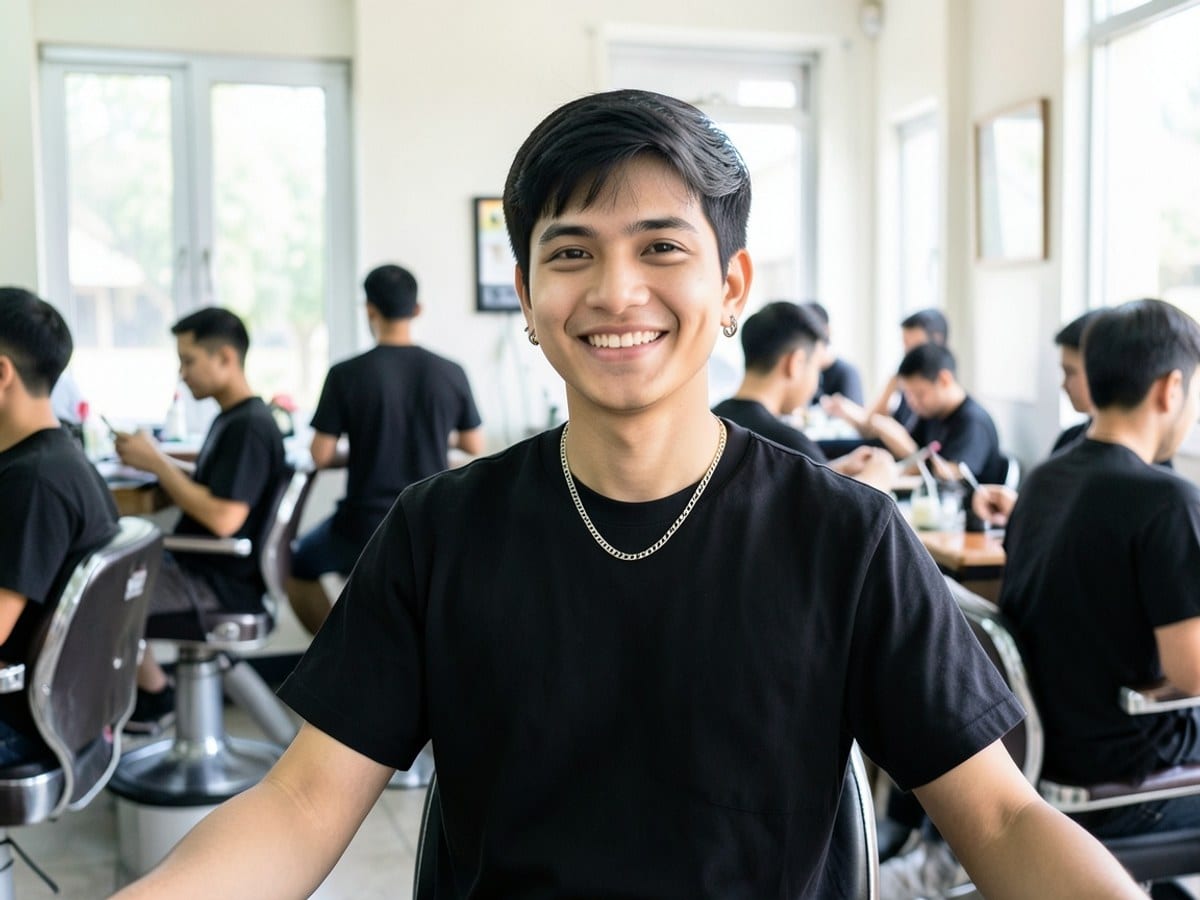 young man with black hair, wearing a black shirt, necklace, and earrings, smiles warmly at the camera with a relaxed arms stance.