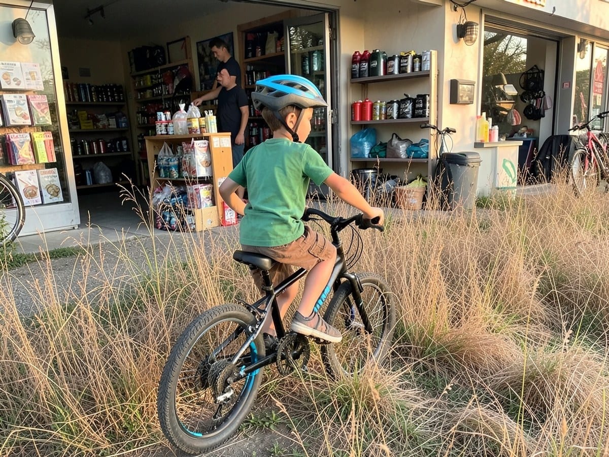 young boy in a green shirt and brown shorts rides a black bicycle with blue accents, wearing a matching helmet and gliding through a field of tall, dry grass during the golden hour.