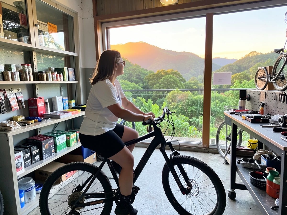 woman in white and black sits on a black mountain bike, gazing out at a sunrise-lit valley with green hills and trees.