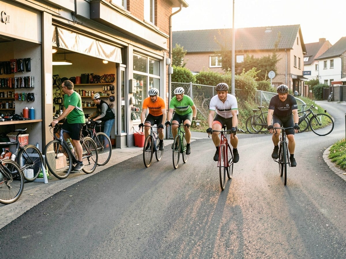 Two cyclists, dressed in green, orange, white, and black, ride on a winding road under the setting sun, leaning into the curve.