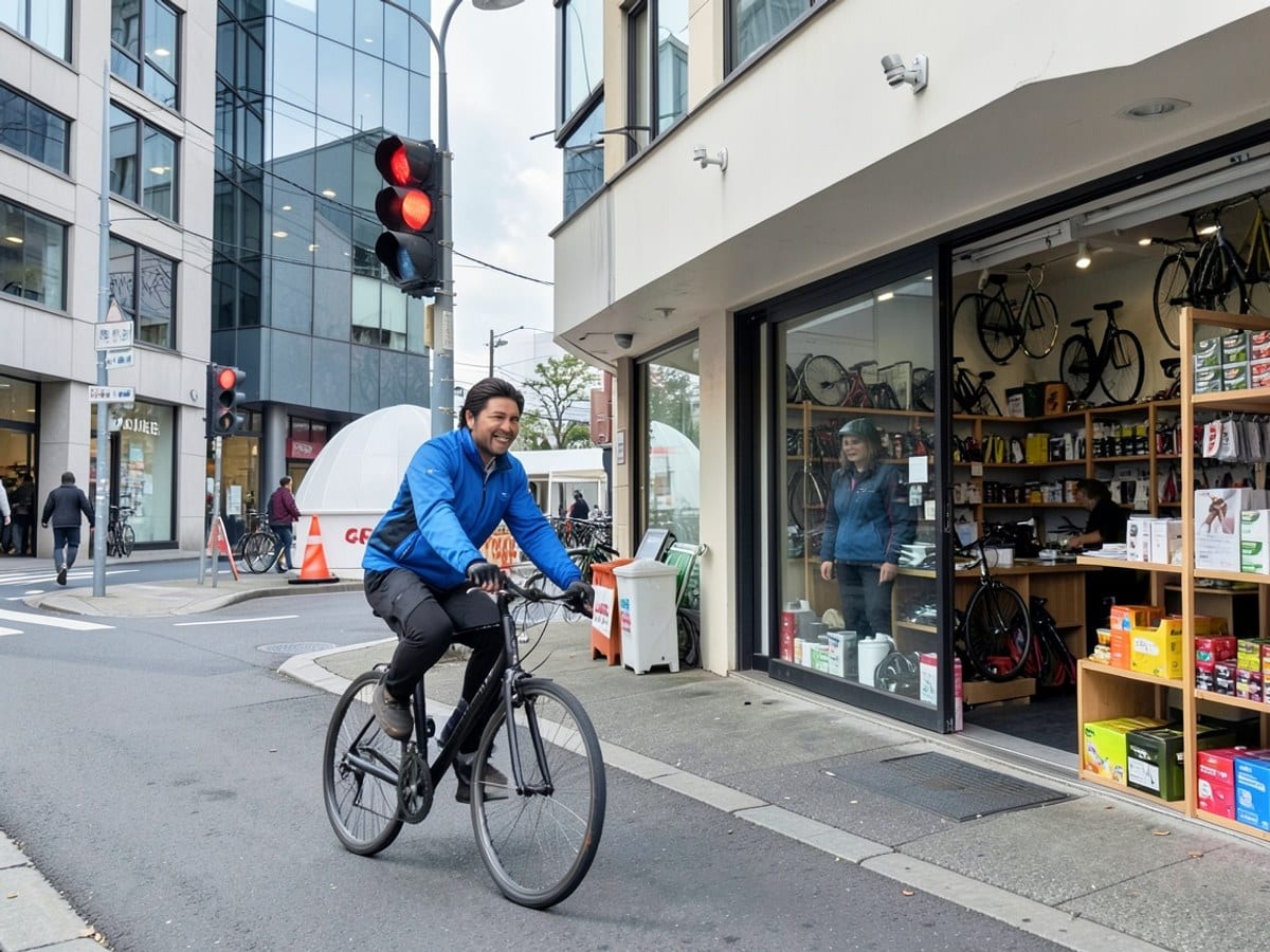 cyclist in a blue jacket rides a black bicycle along a city street, passing modern buildings, a red traffic light, and a white dome-shaped structure.