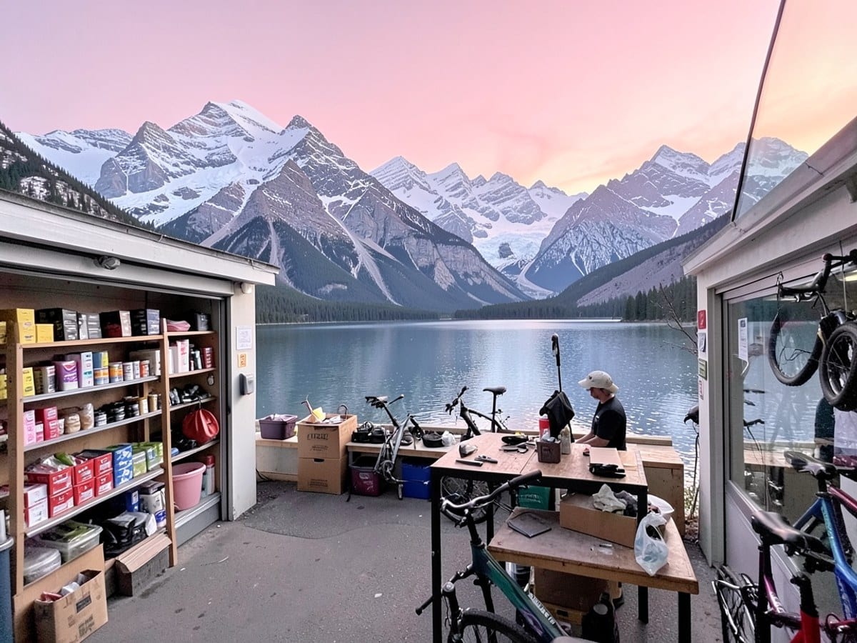 Two snow-capped mountains, a tranquil lake, and a pink sky create a serene landscape in Banff National Park, Alberta, Canada.