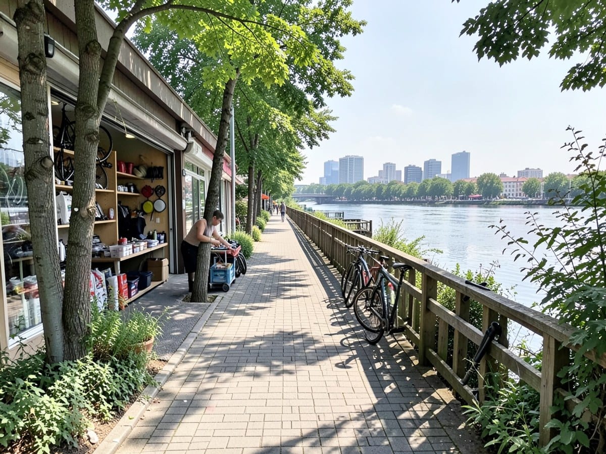 sunlit paved path, lined with trees and shrubs, leads to a wooden bridge over a calm river, framing a city skyline in the distance.