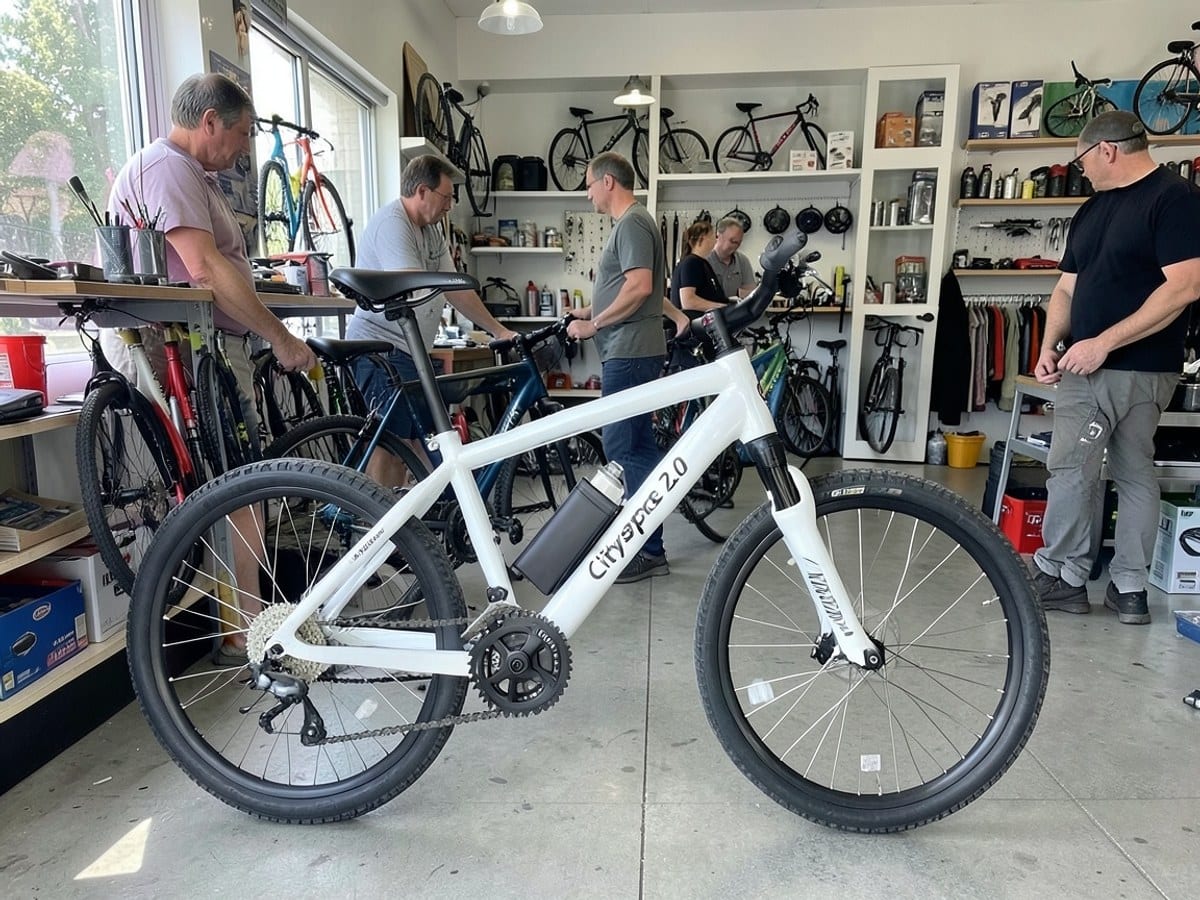 white electric bike, named "Cityscape 2.0", boasts a 1200W motor, 468Wh battery, and built for everyday wins, priced at $399.