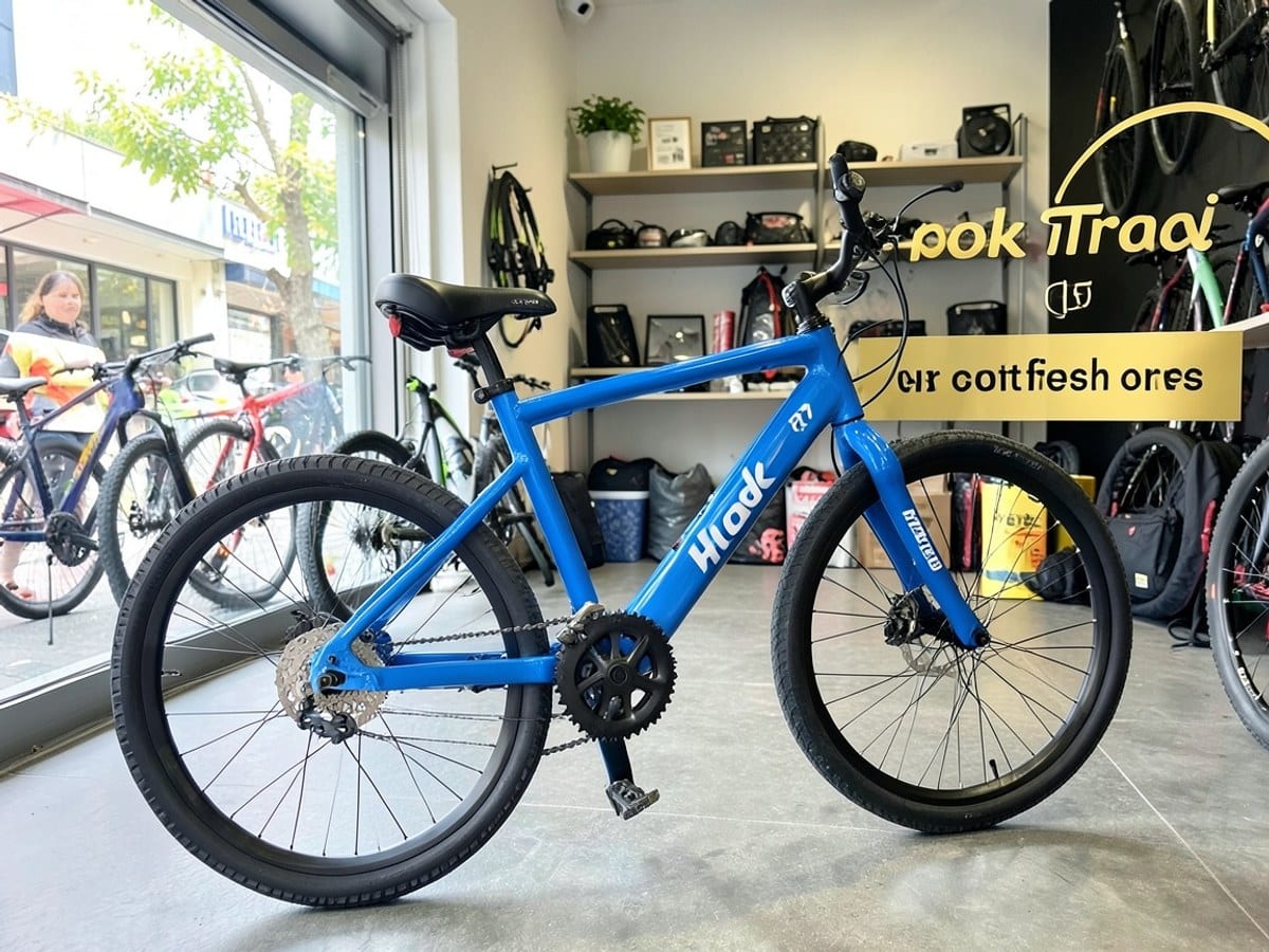 blue GoTrax R7 electric bike, with large front wheel, black seat, and "Hook" feature, is showcased in an indoor setting, accompanied by a gold and black advertisement highlighting its features.