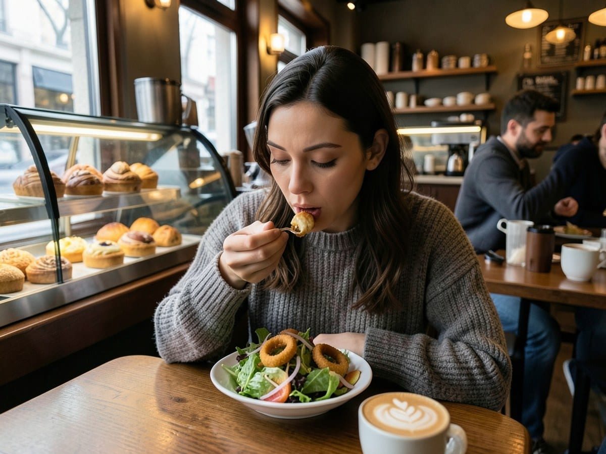 young woman in a gray sweater savors a meal of a salad and onion rings at a dimly lit restaurant.