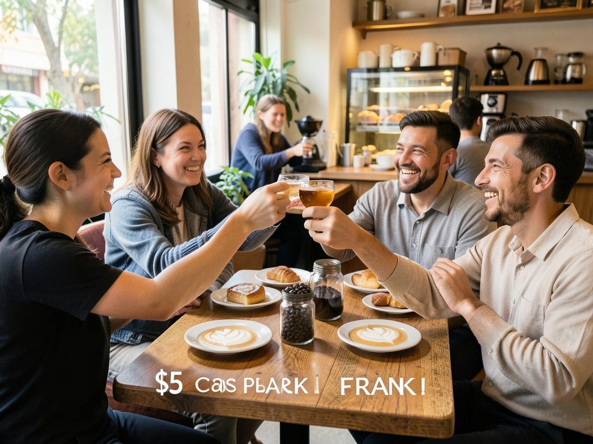lively dining scene with friends toasting is featured in an advertisement for FRANKI, promoting a $5 cash back offer on the first purchase.