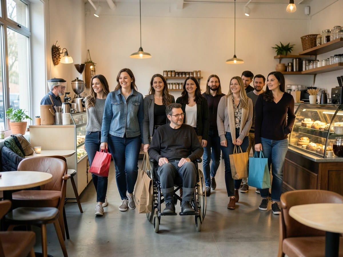 group of twelve diverse individuals, led by a person in a wheelchair, walk together, each carrying bags or containers in various colors.