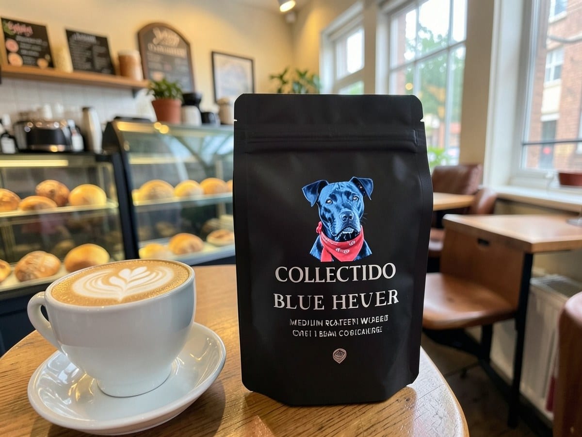 black packet of Collectivo Blue Heeler medium roasted whole bean coffee features a blue dog with a red bandana, emphasizing the coffee's earthy and full-bodied flavors.