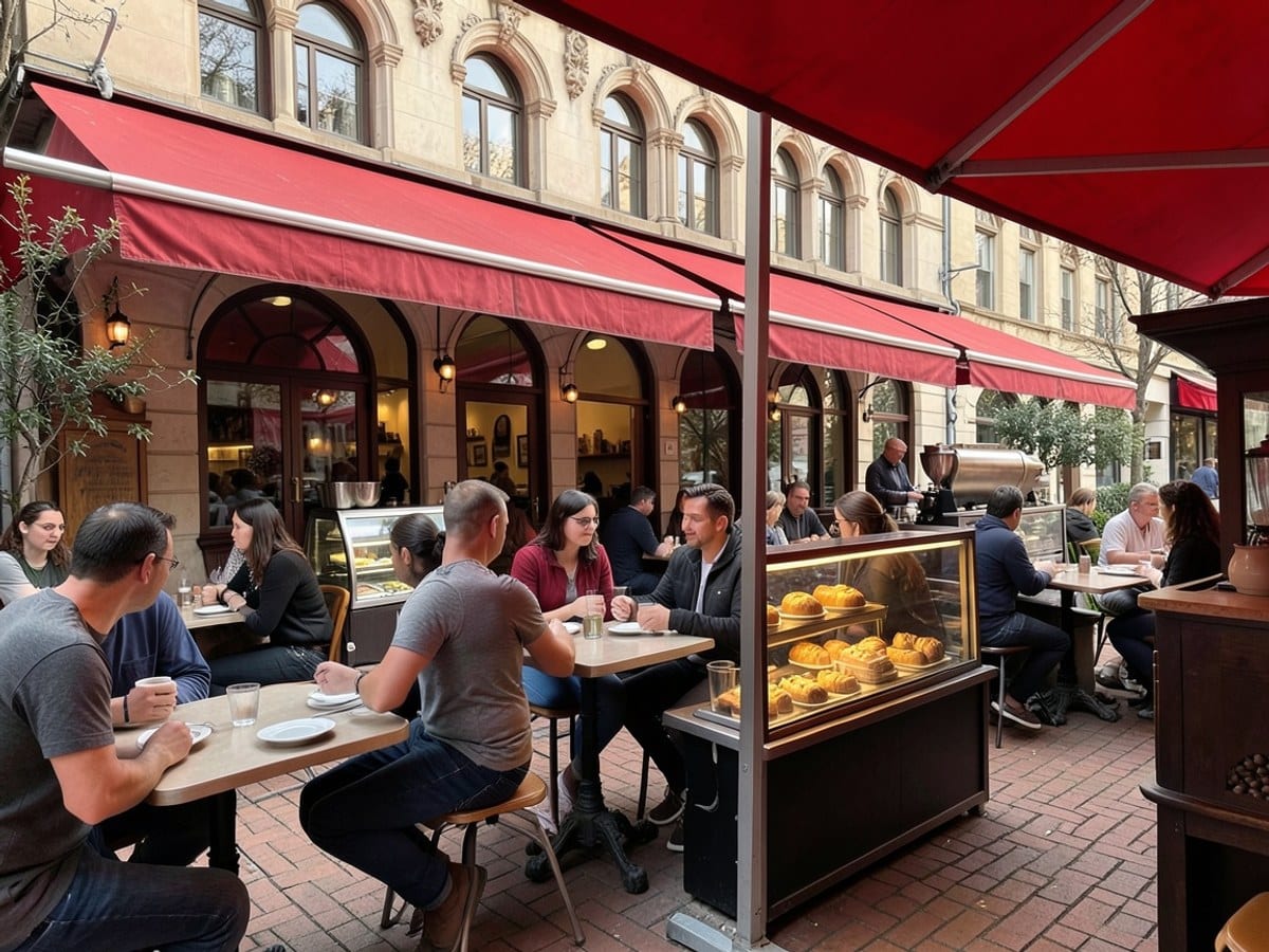People dine at tables under a red awning on a brick patio, backed by a two-story building with arched windows and ornate details.