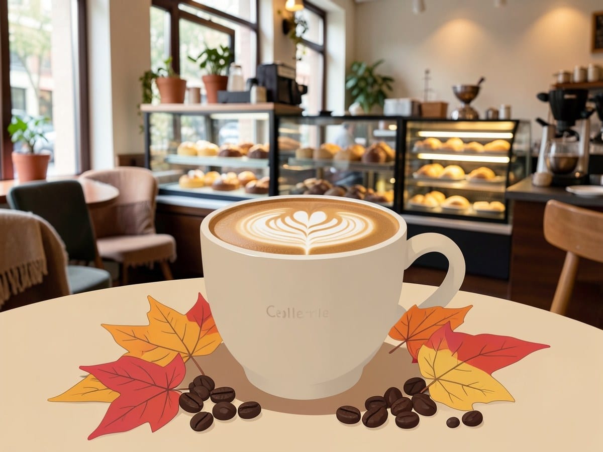 beige Collective Coffee cup, filled with latte art and surrounded by autumn-colored leaves, is depicted in a flat design style.