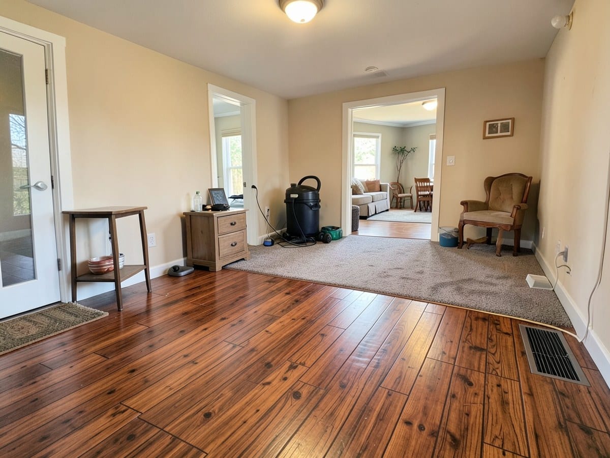 wooden floor displays a warm and inviting texture, with horizontal planks and a rich brown color, illuminated by soft overhead lighting.