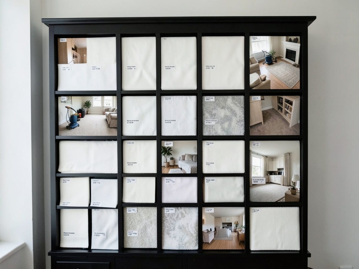 black bookshelf displays a grid of white fabric samples, labeled with names and prices, against a white wall.
