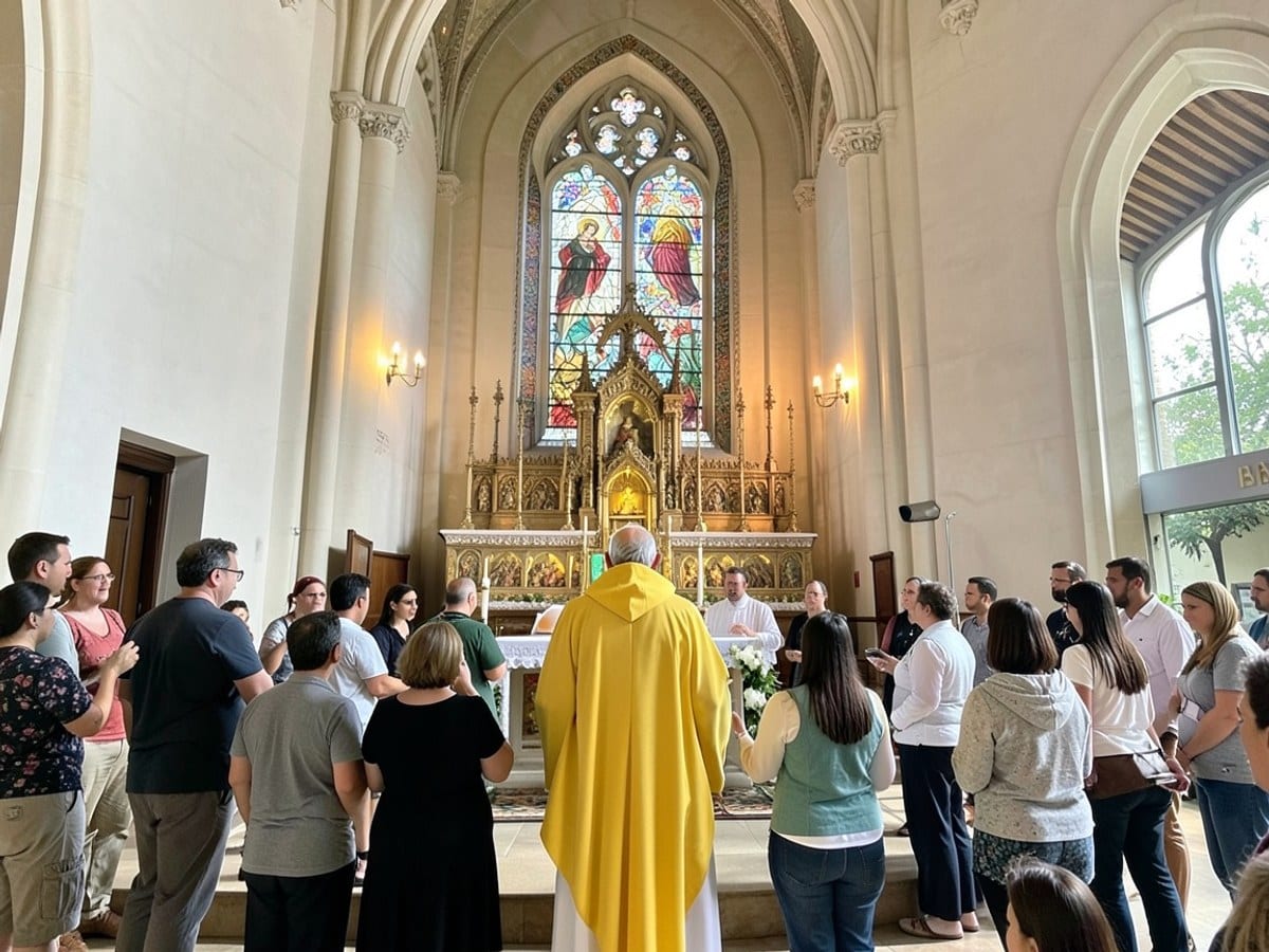 priest, dressed in yellow, leads a service at the World Cathedral on salt and light TV, with a large, ornate altar and window backdrop.