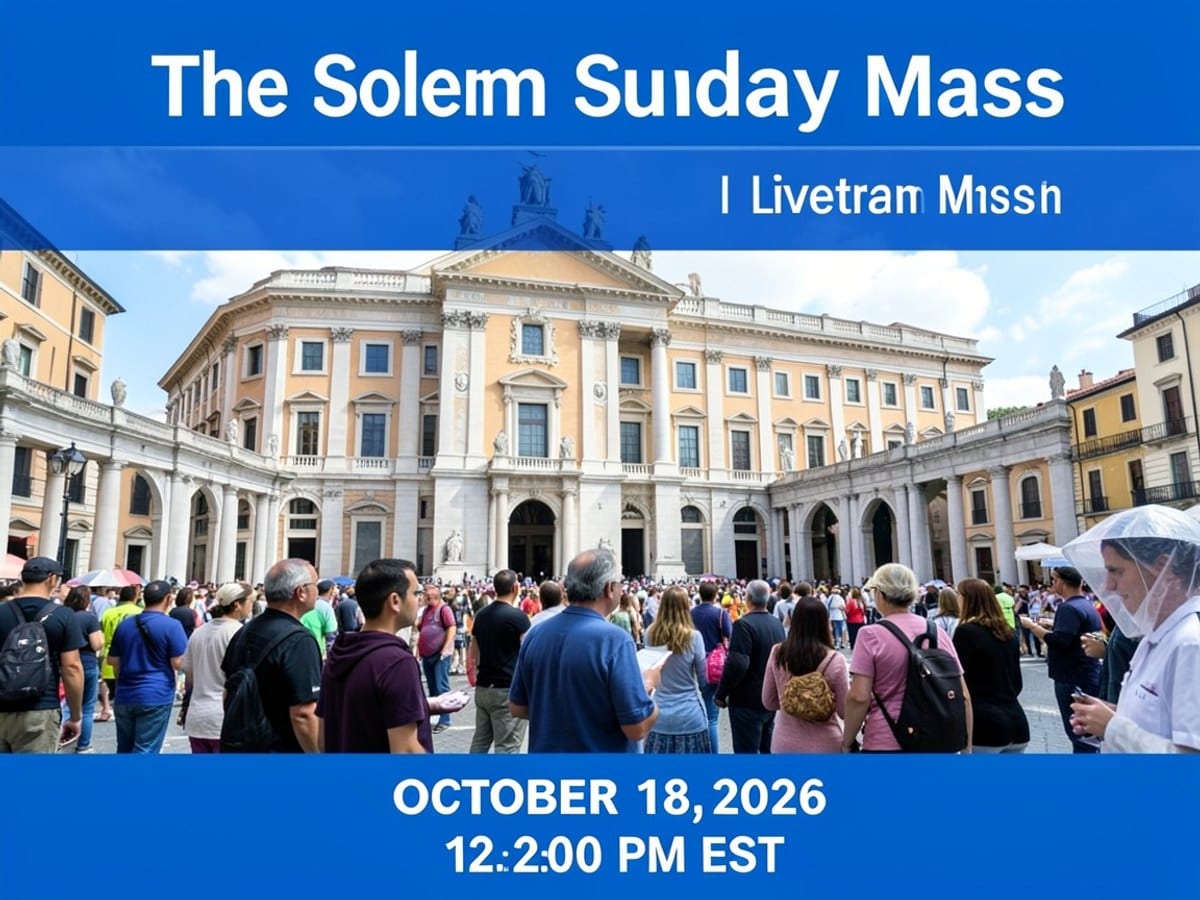 blue promotional poster for "The Solemn Sunday Mass" livestream broadcast, October 18, 2026, at 12:00 PM EST, features an image of the Vatican City and the Solemn Sunday Mass building.