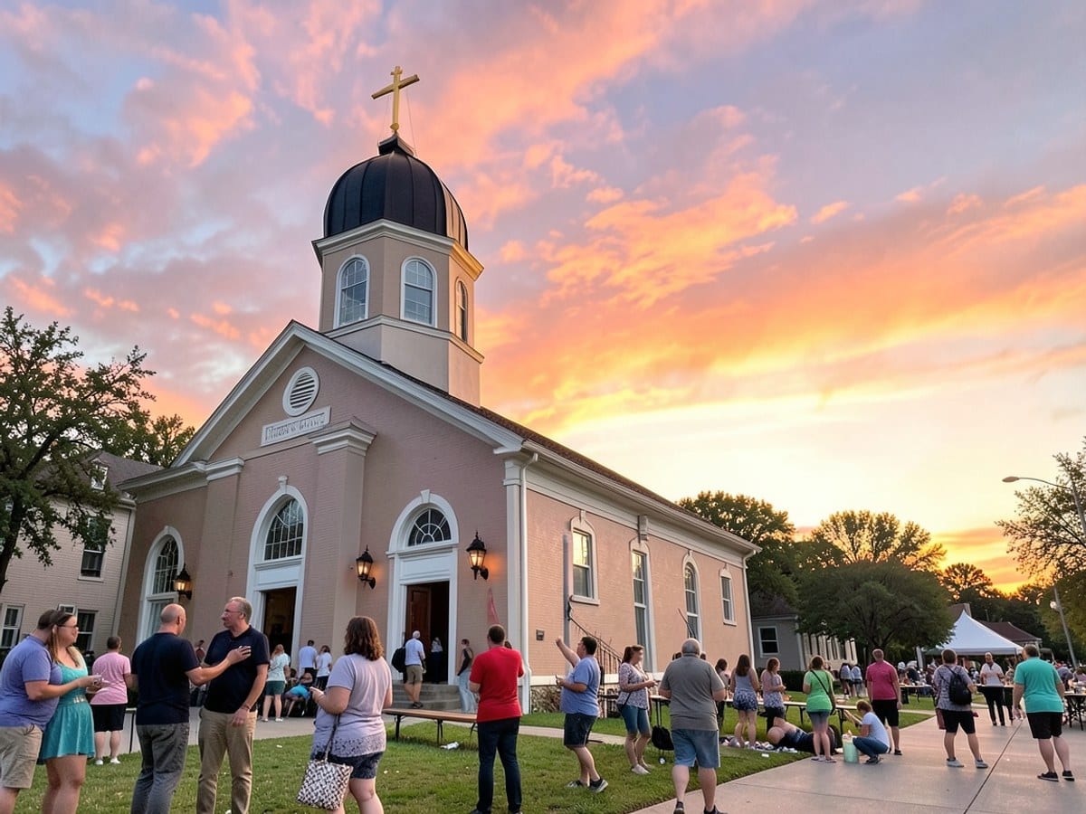 cathedral with a black dome and golden cross is set against a vibrant sunset backdrop, with the client's branding overlaid.