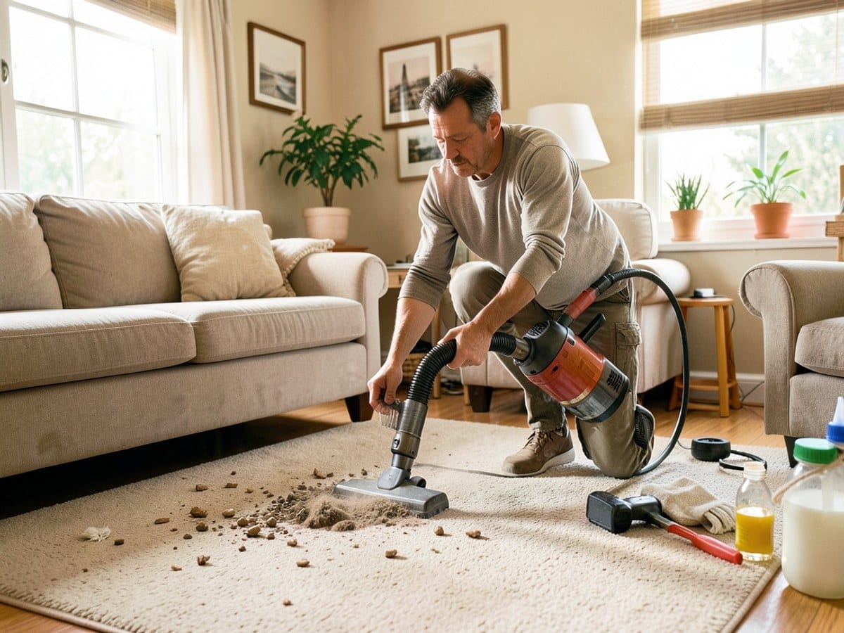 man cleans a beige carpet in a warm, well-lit living room, using an air blower and vacuum cleaner to remove dirt and debris.