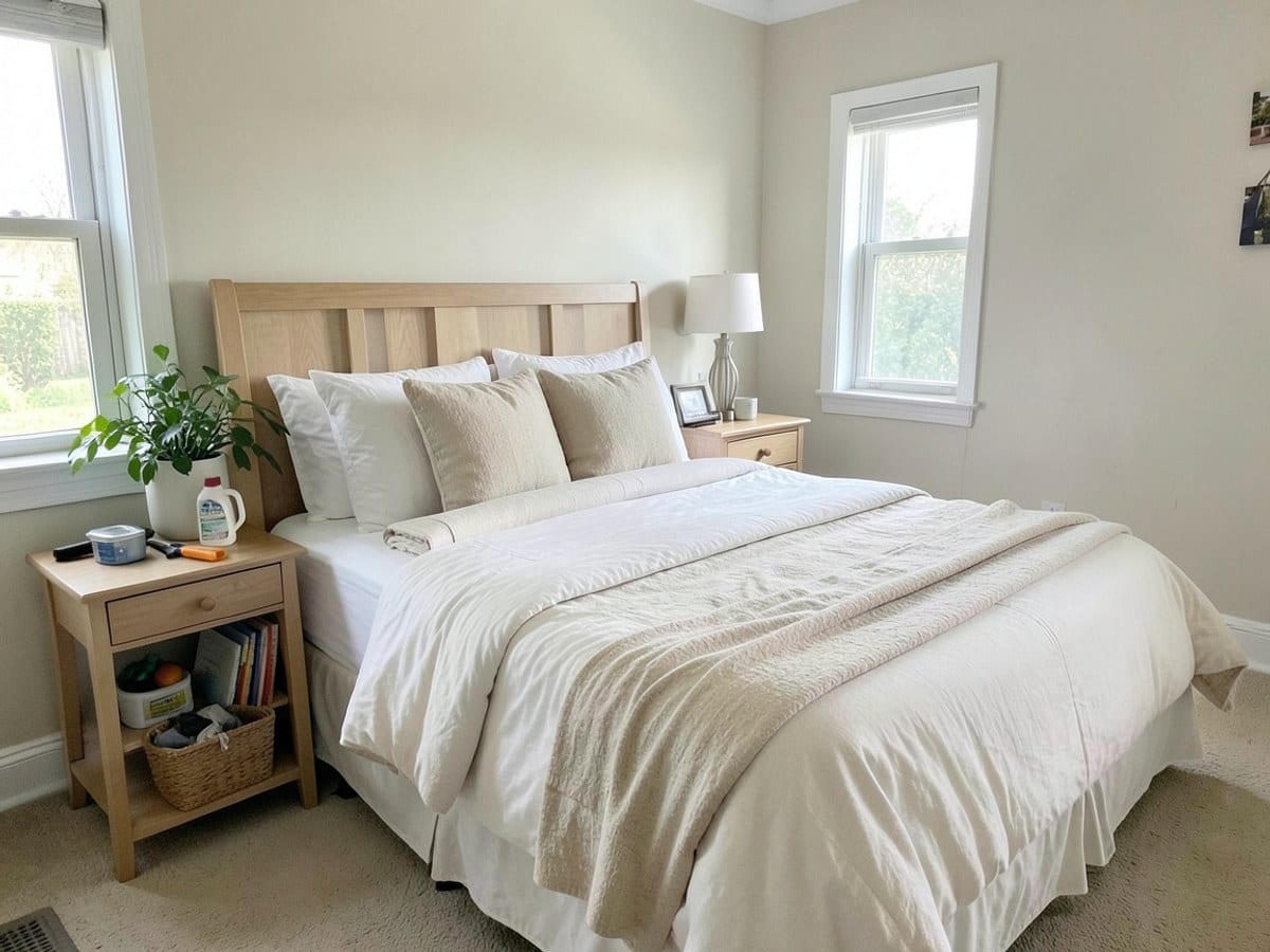 serene bedroom features a queen-sized bed with white and beige comforter, white pillows, and a nightstand with a lamp and plant.