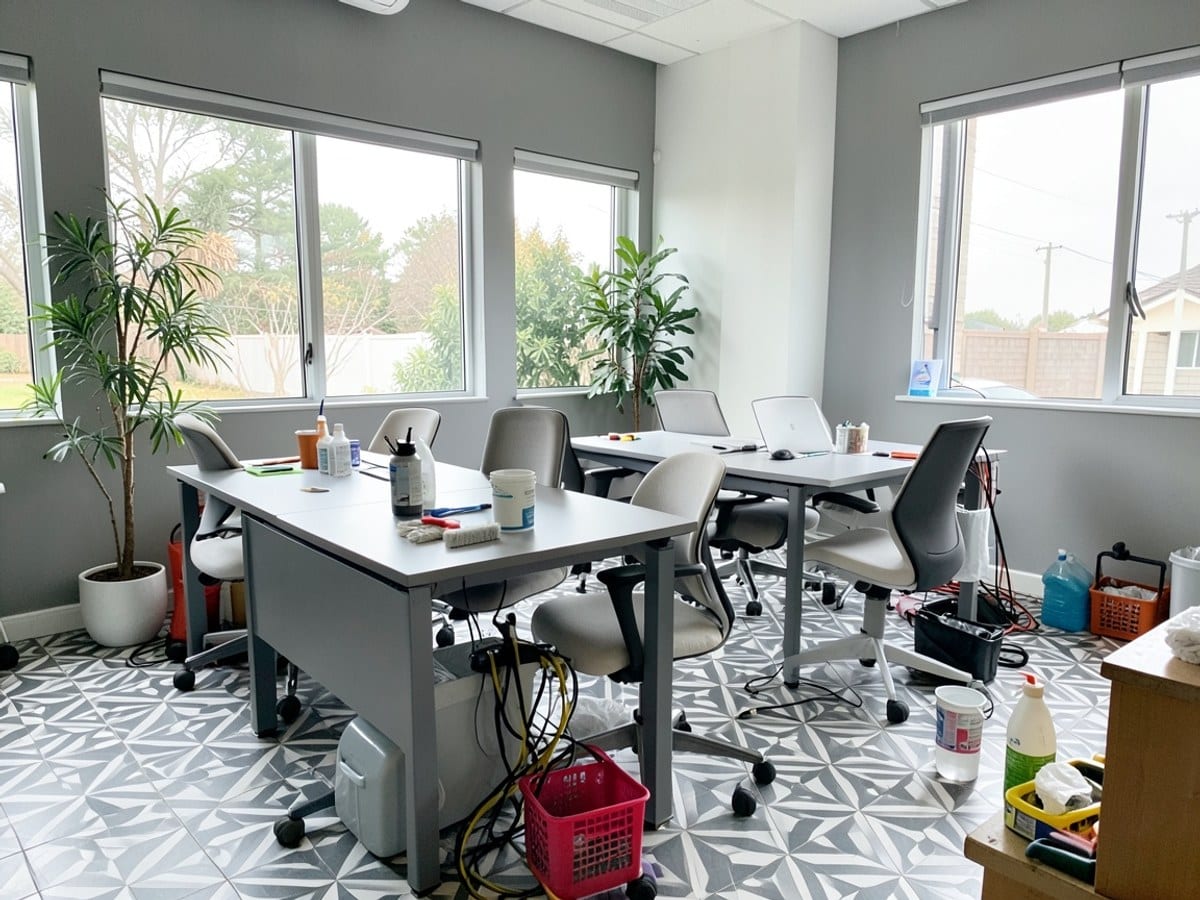 modern office space features a gray and white color scheme, with six desks, gray and white chairs, and large windows, complemented by potted plants and a geometric-patterned floor.
