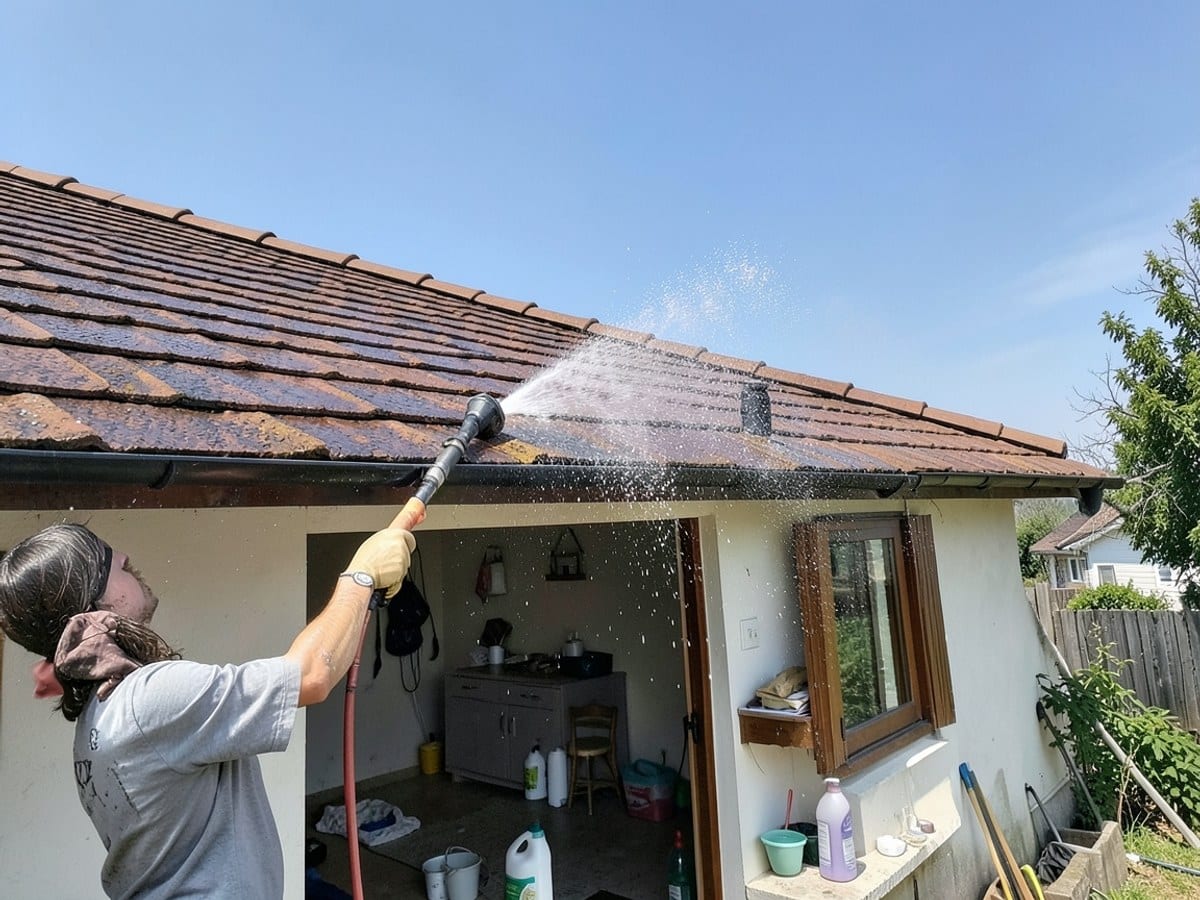 person cleans a brown roof with a pressure washer, spraying water towards the roof tiles against a clear blue sky.