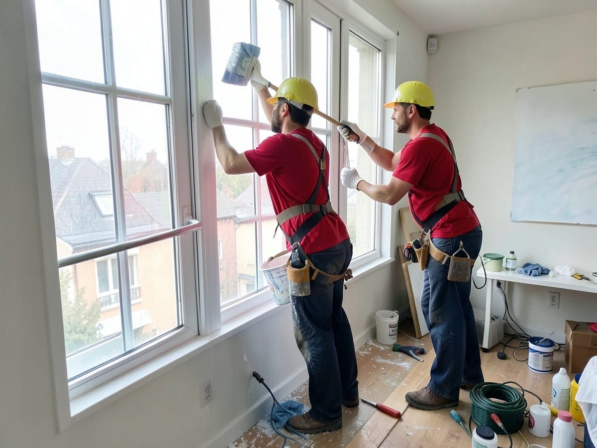 Two workers in red shirts and safety harnesses clean white windows on a towering building, demonstrating experience and skill with a bucket of cleaning solution.