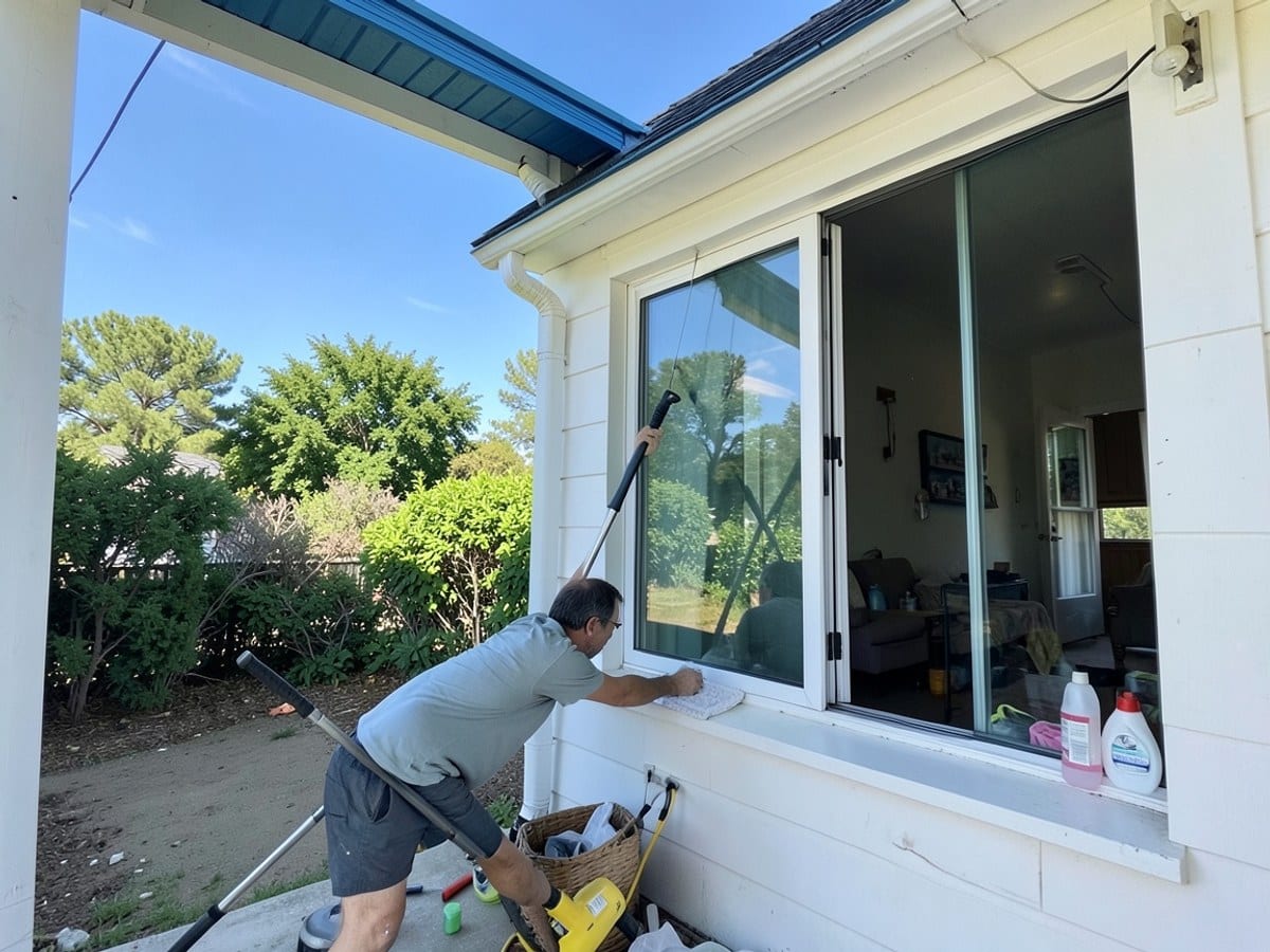 man cleans a large window of a white house with a blue roof, using a pressure washer and a mop, with a clear blue sky and greenery in the background.