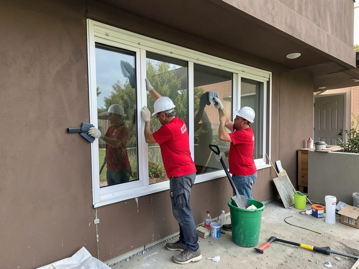 Three workers in red shirts and hard hats clean a large window on a brown building, using a green bucket and black tool.