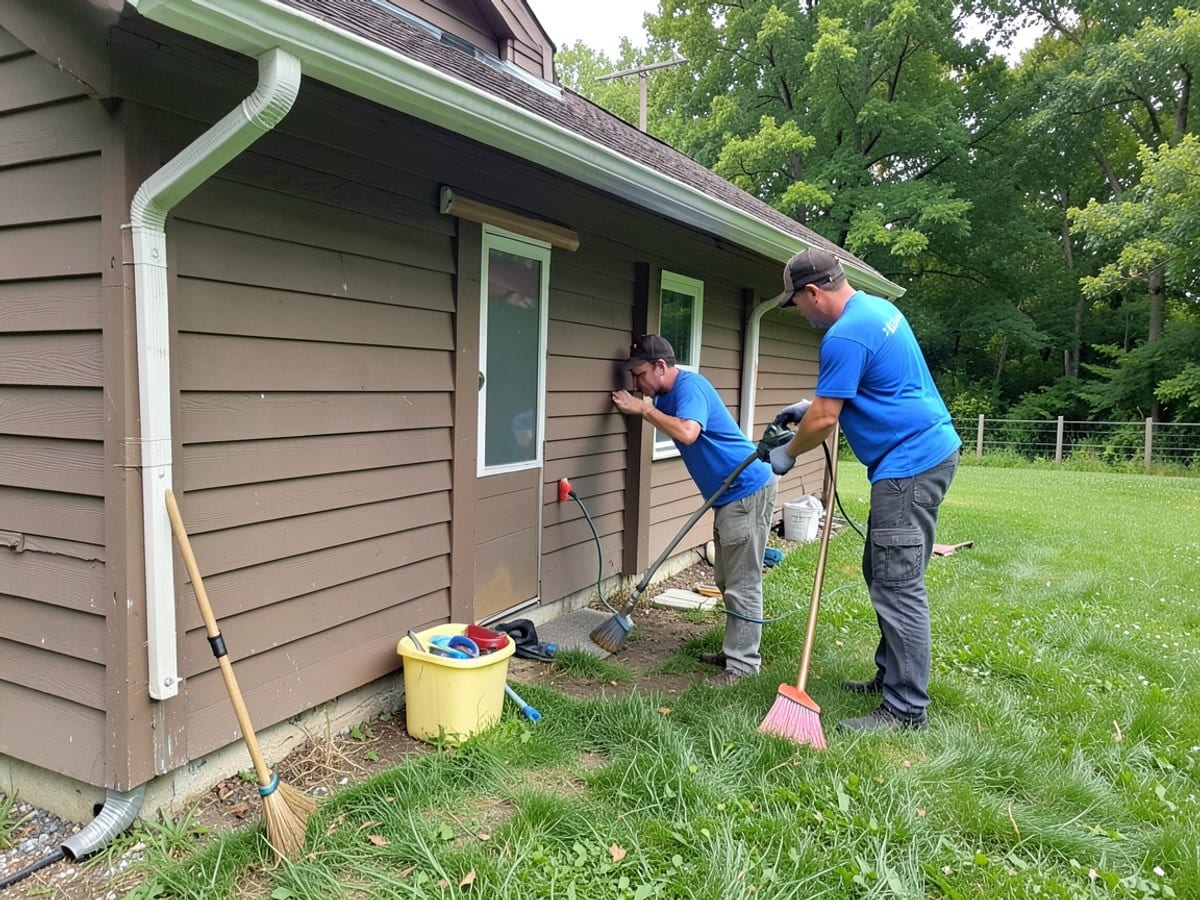 Two workers in blue shirts clean a brown house's roof, using a pressure washer and a broom, amidst a lush green lawn and trees.