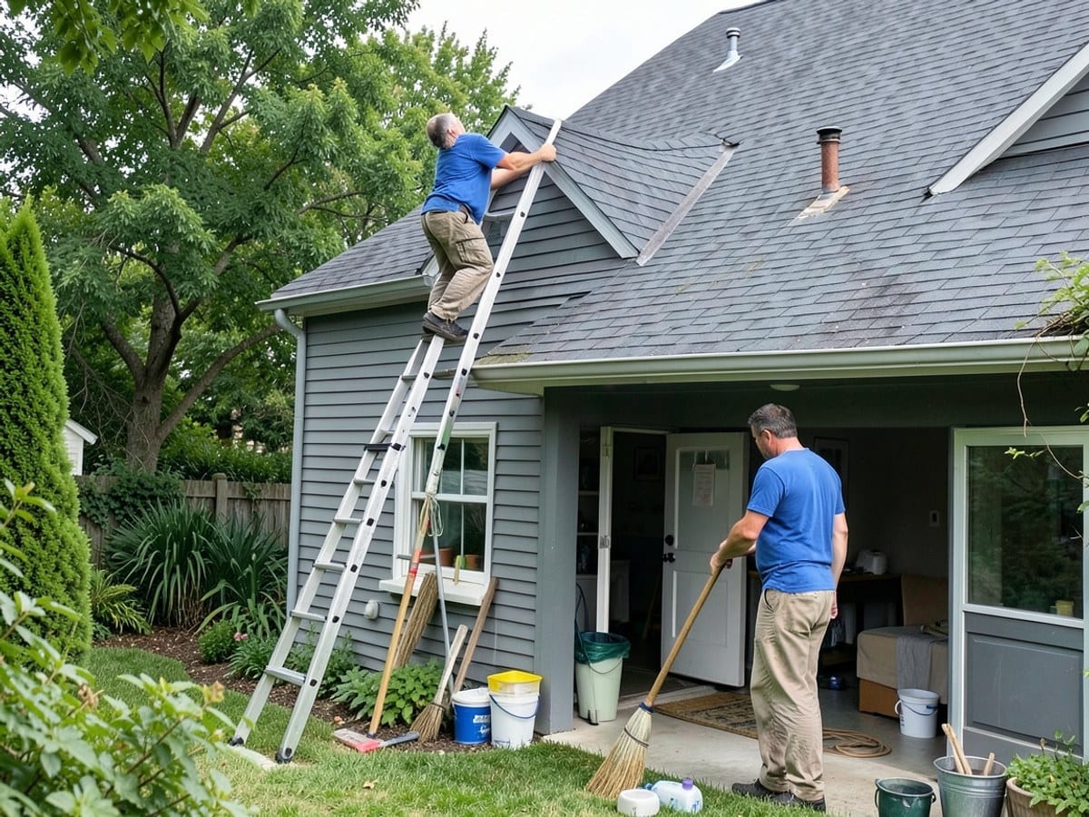 Two men in blue shirts work on a gray house's roof, one on a ladder and the other cleaning with a broom, in a lush backyard.