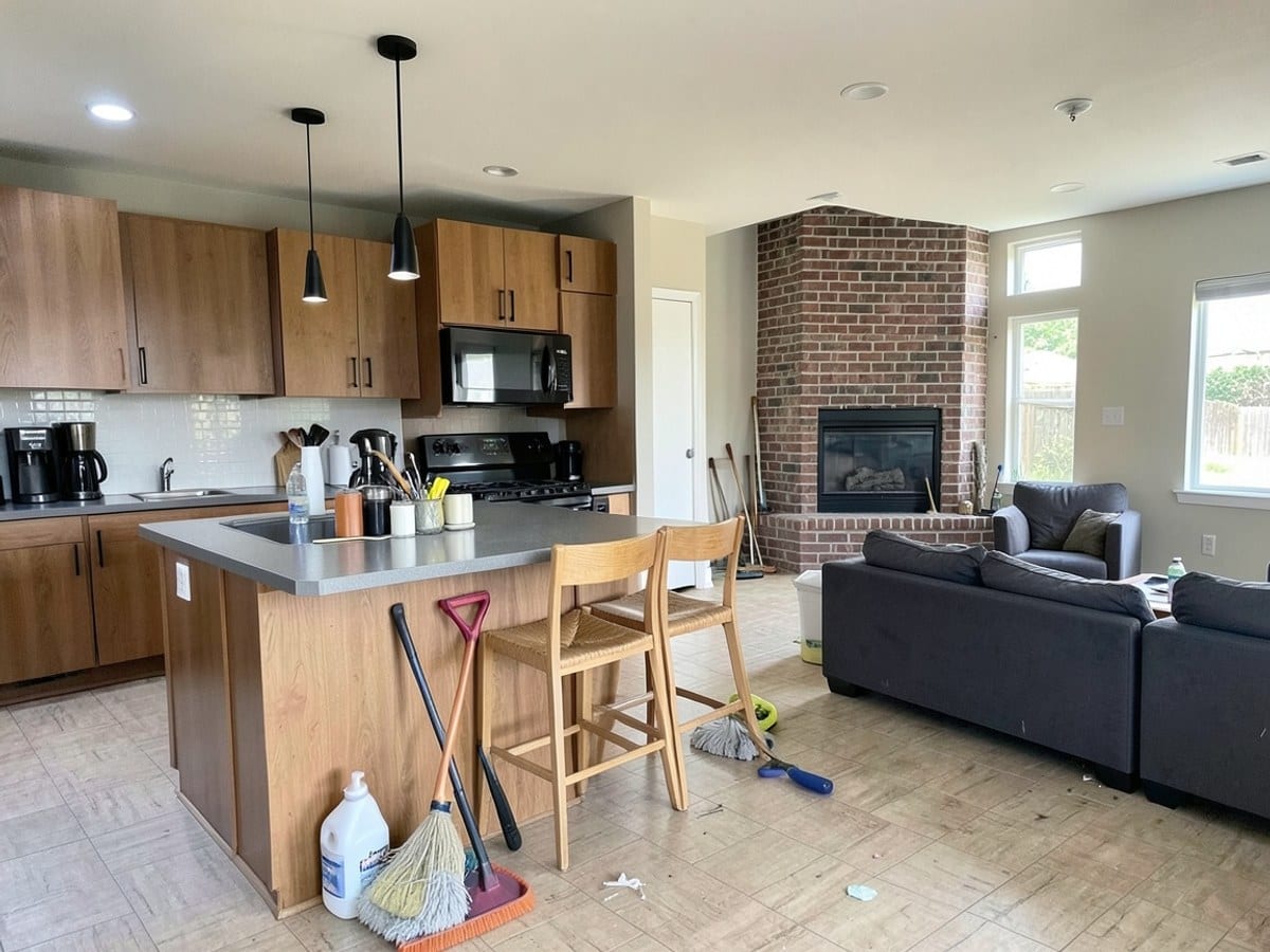 modern open-concept space combines a kitchen, dining area, and living room, seamlessly integrating wooden elements, gray countertops, black appliances, and a brick fireplace.