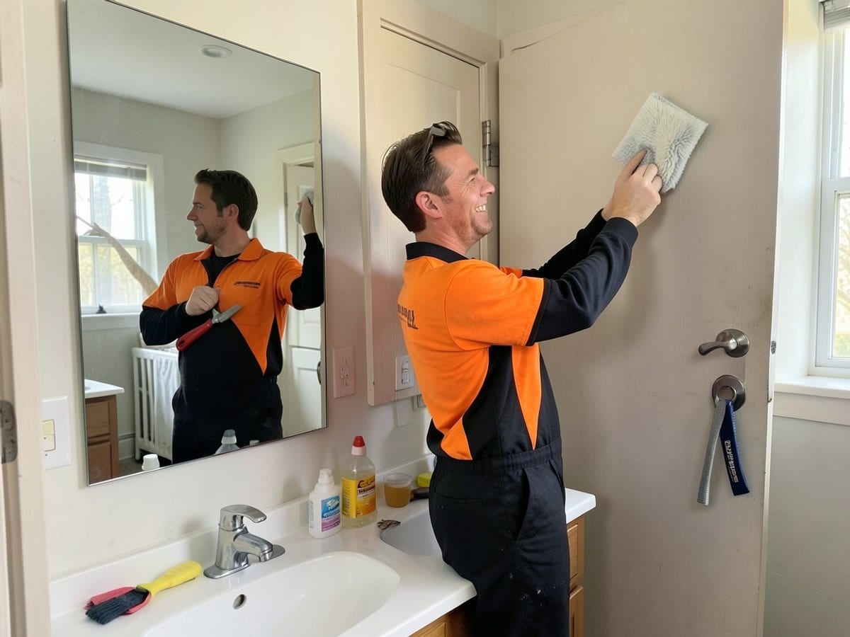 cleaning professional in an orange and black uniform wipes a bathroom mirror, reflecting the image, with tools hanging on the door and a white countertop.