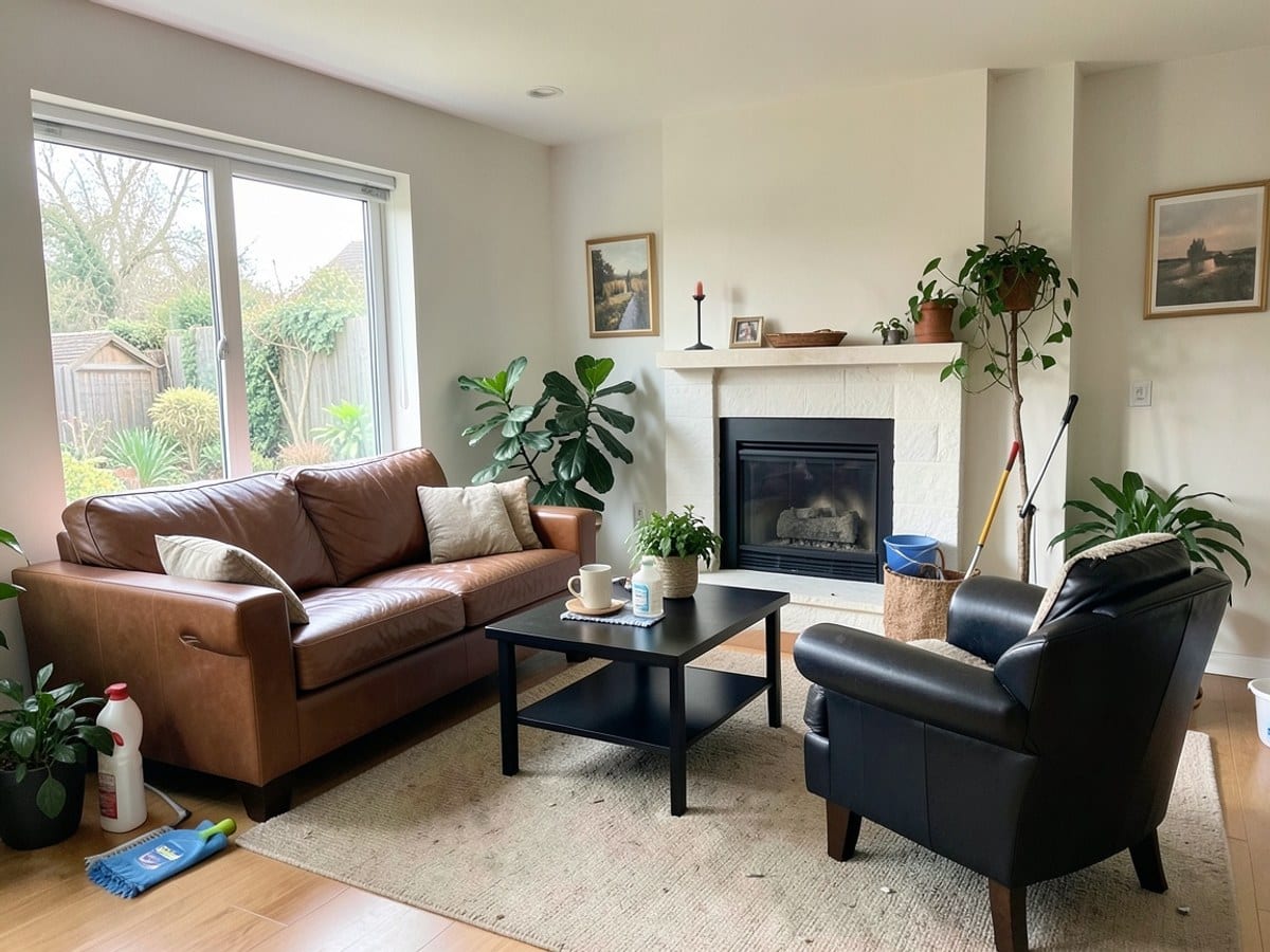 modern living room features a brown leather sofa, black coffee table, black leather armchair, and fireplace, complemented by green plants and natural light.