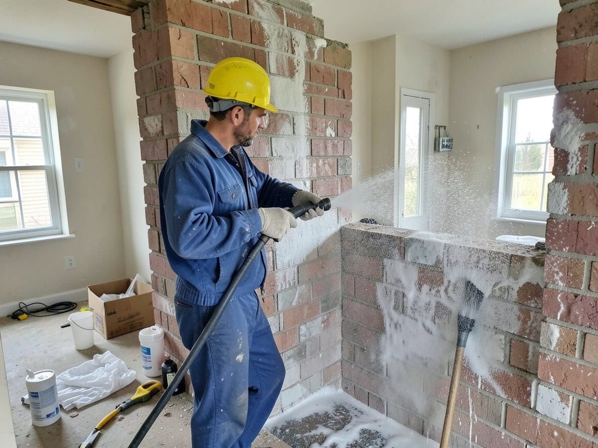 construction worker in a blue jacket and yellow hard hat uses a pressure washer to clean a brick wall, producing a spray of water and foam.