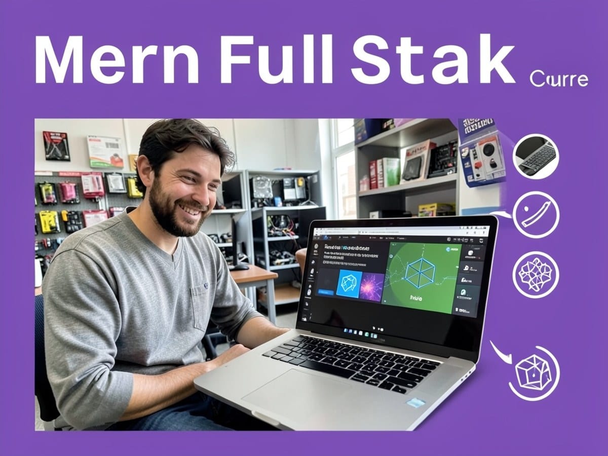 promotional poster for "Mern Full Stack" course features a laptop displaying React, Node, and MongoDB, along with icons, and a man sitting in front of a laptop on a purple background.