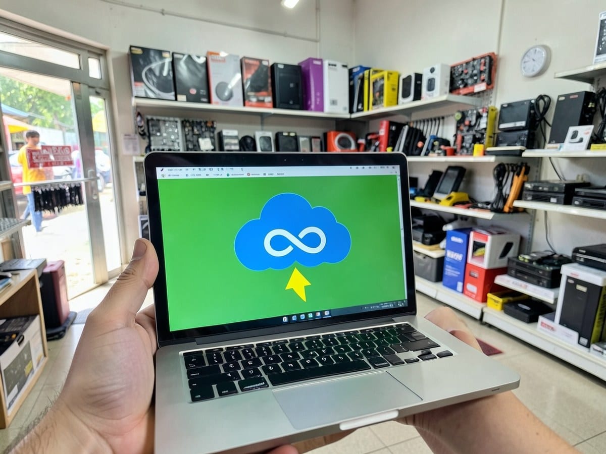 laptop displays a blue cloud with an infinity symbol, accompanied by a yellow arrow, against a green background.