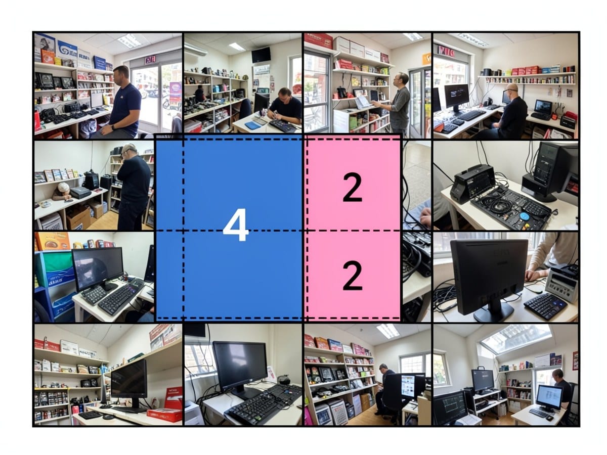 grid with a blue square containing the number 4 and two pink squares containing the number 2 and 2, with black borders and dashed lines, is arranged in a larger grid.