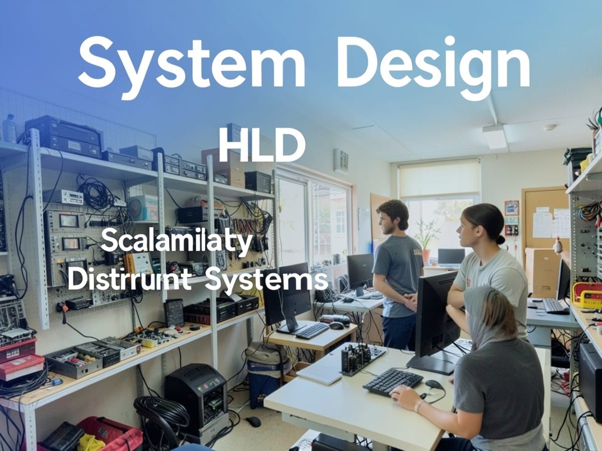promotional poster for a "System Design" course, featuring the title "System Design" and the offered subjects "HLD", "Scalability", and "Distributed Systems", is displayed against a gradient backgro