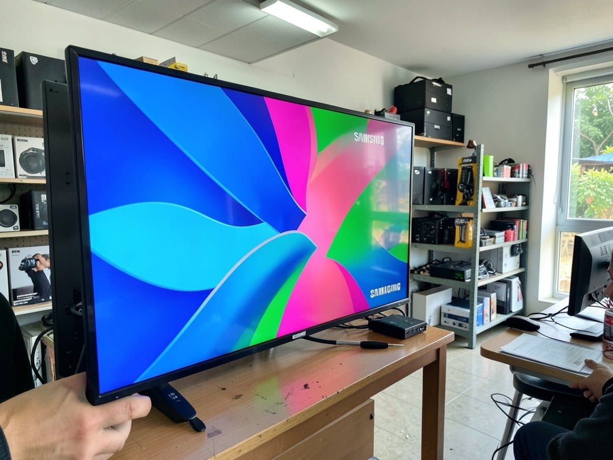 Samsung television displays a vibrant abstract pattern in blue, pink, and green, with the client's branding prominently featured.