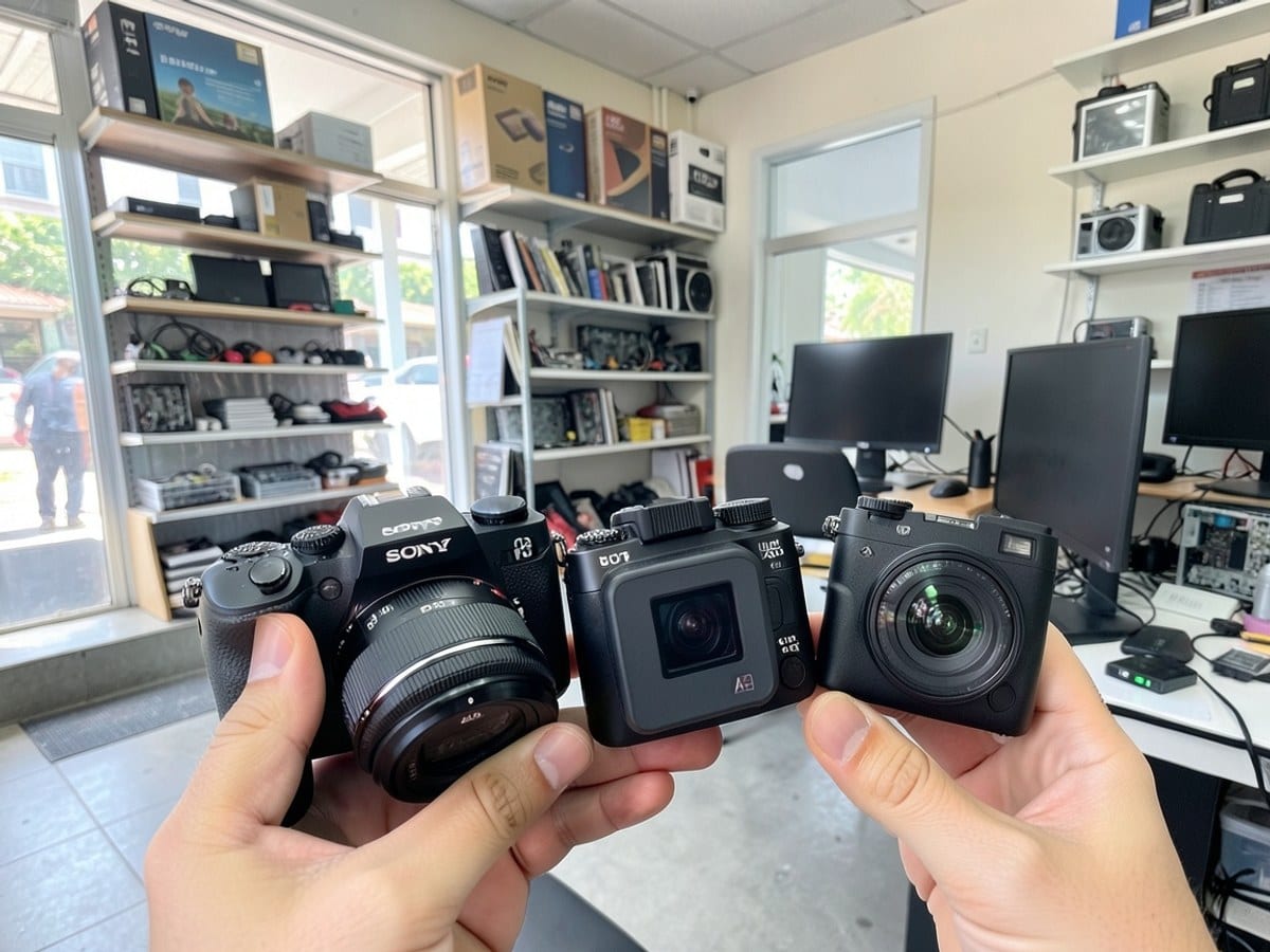 Sony Alpha 7 camera with a Sony lens, a GoPro camera, and a GoPro camera are arranged side by side, showcasing their compatibility and functionality.