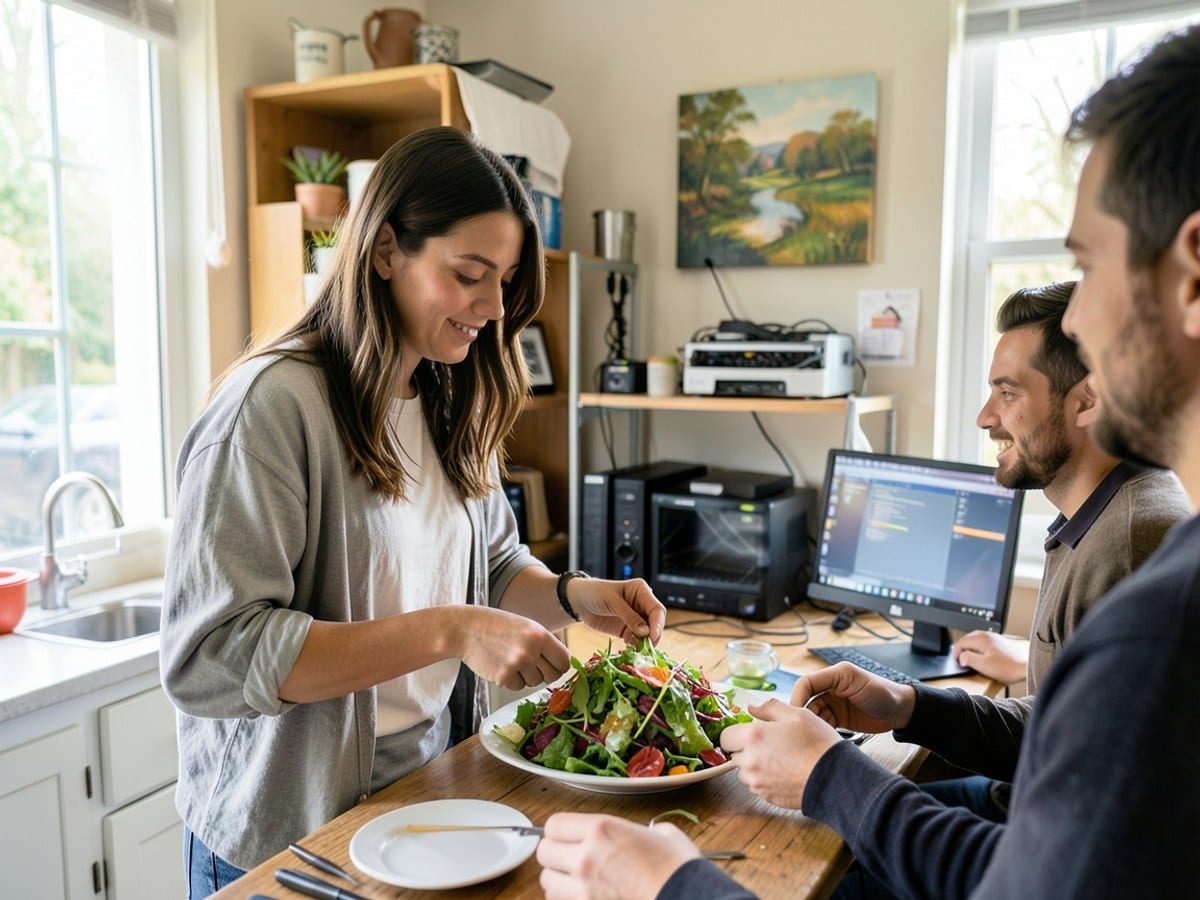 young woman, dressed casually, prepares a vibrant salad in a cozy kitchen, surrounded by natural light, a painting, and a friend.