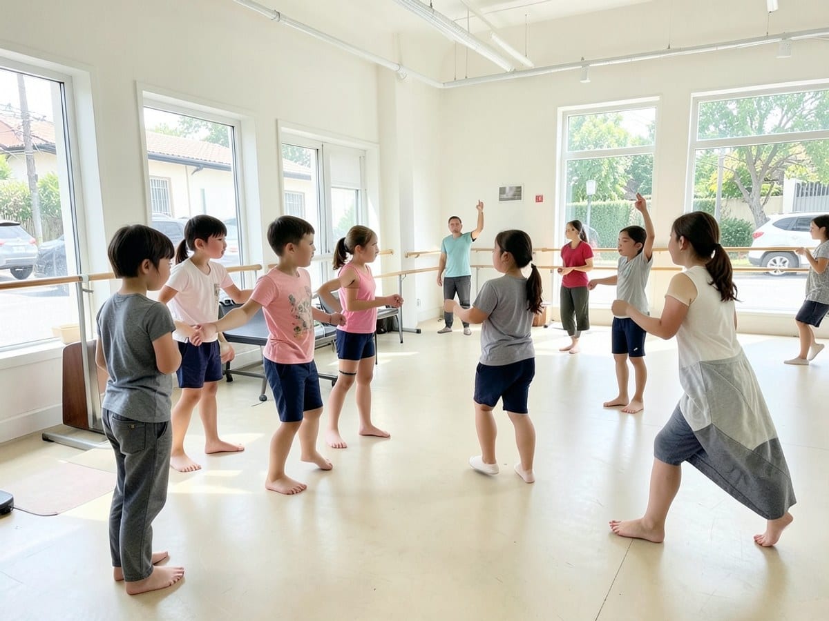 At a Patrie Wells TheClientsBusiness event, a man in a blue shirt and a woman in a floral dress dance together, accompanied by dancers in colorful costumes on a gray stage with a white "Patrie Wells T