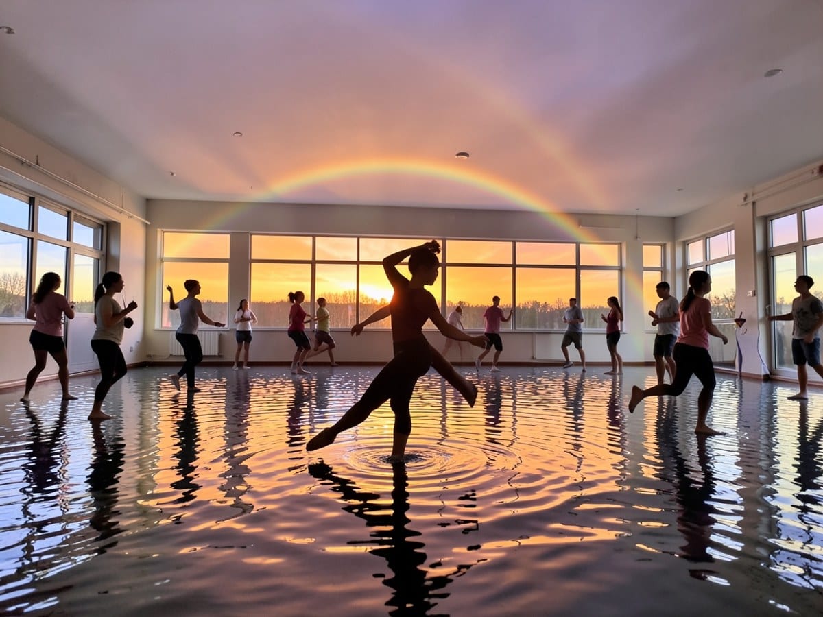 silhouetted figure dances on a lake's surface during sunset, creating a rainbow effect against the vibrant orange and purple sky.