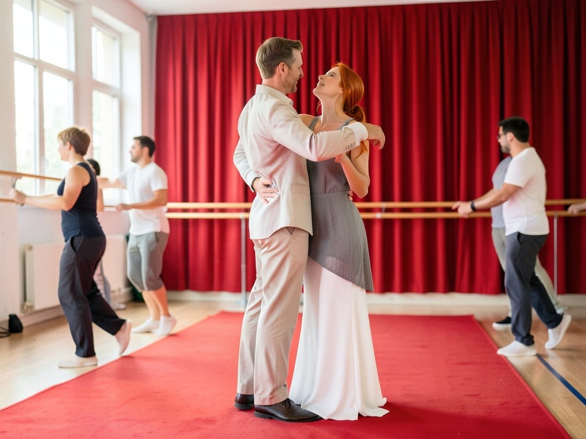 man and a woman dance together, dressed in white and gray, with red hair and a red carpet, against a red curtain and musical backdrop.