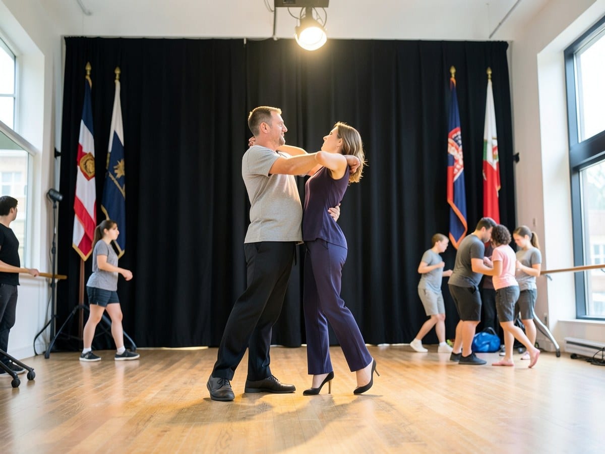 man and a woman perform a tango dance on stage, backed by a black curtain and surrounded by flags, with a stage light illuminating their image.