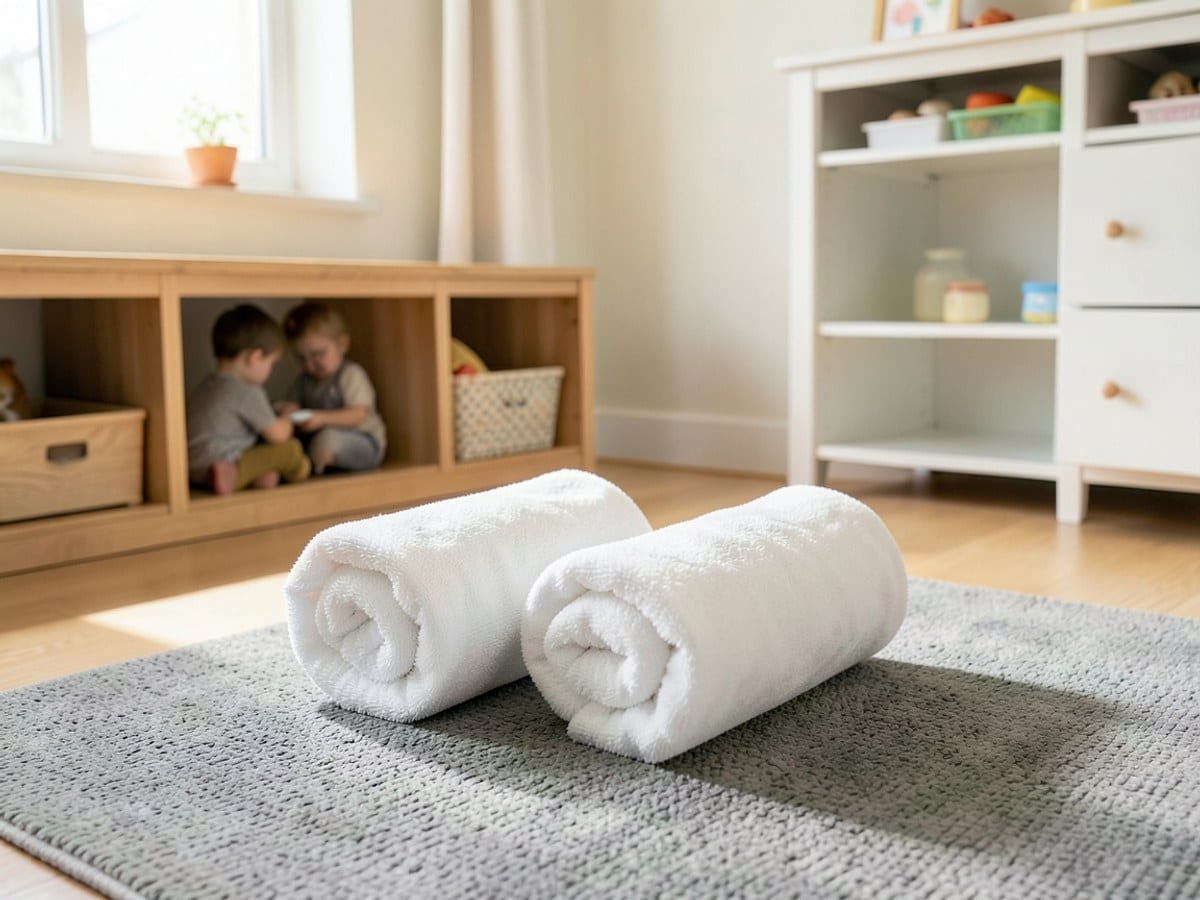Two rolled-up white towels rest on a gray rug in a softly lit room, accompanied by a wooden shelf and an open white dresser.