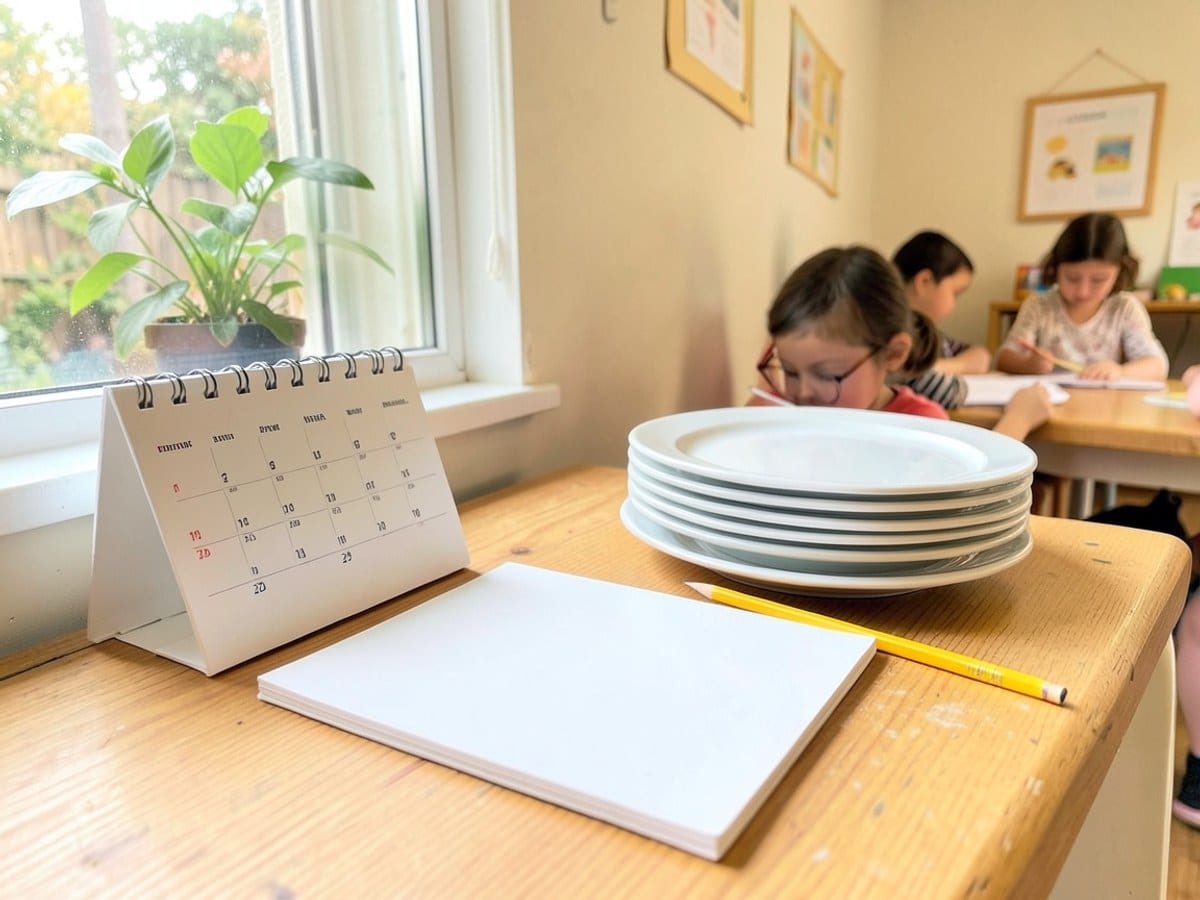 wooden desk in a bright, natural space holds a white calendar, blank agenda, stack of plates, and a yellow pencil, with a plant visible through a window.
