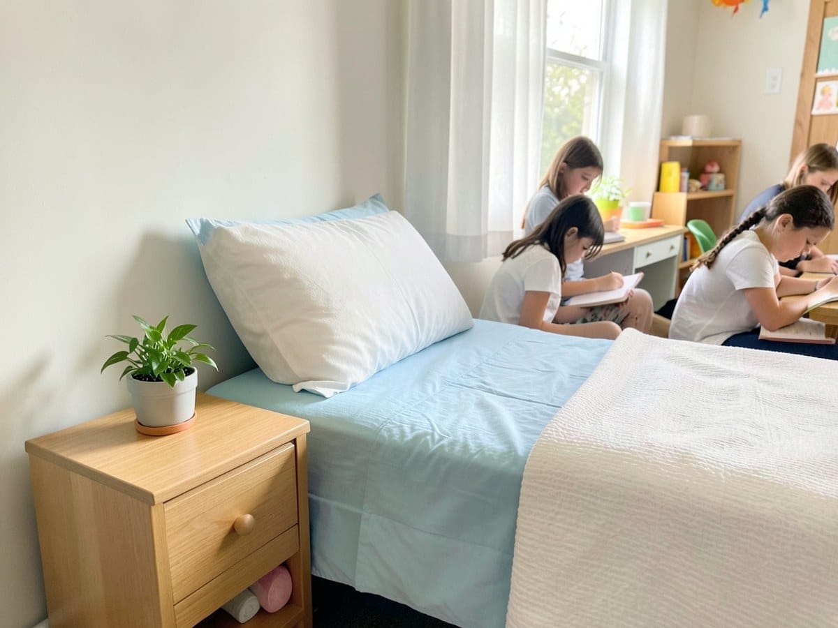 light blue bed with a white pillow and blanket is accompanied by a wooden nightstand and a small green plant, with a window and white curtains in the background.